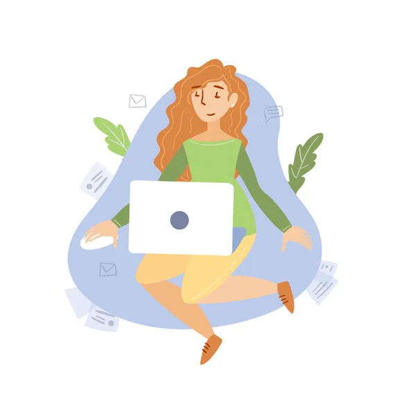 Дівчина Сидить Ноутбуком Працює Вдома Плоский Стиль Ілюстрації — стоковий вектор