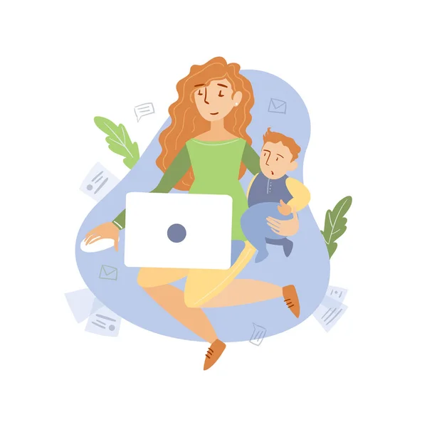 Linda Mamá Joven Freelancer Trabaja Casa Computadora Rodilla Hay Niño — Vector de stock