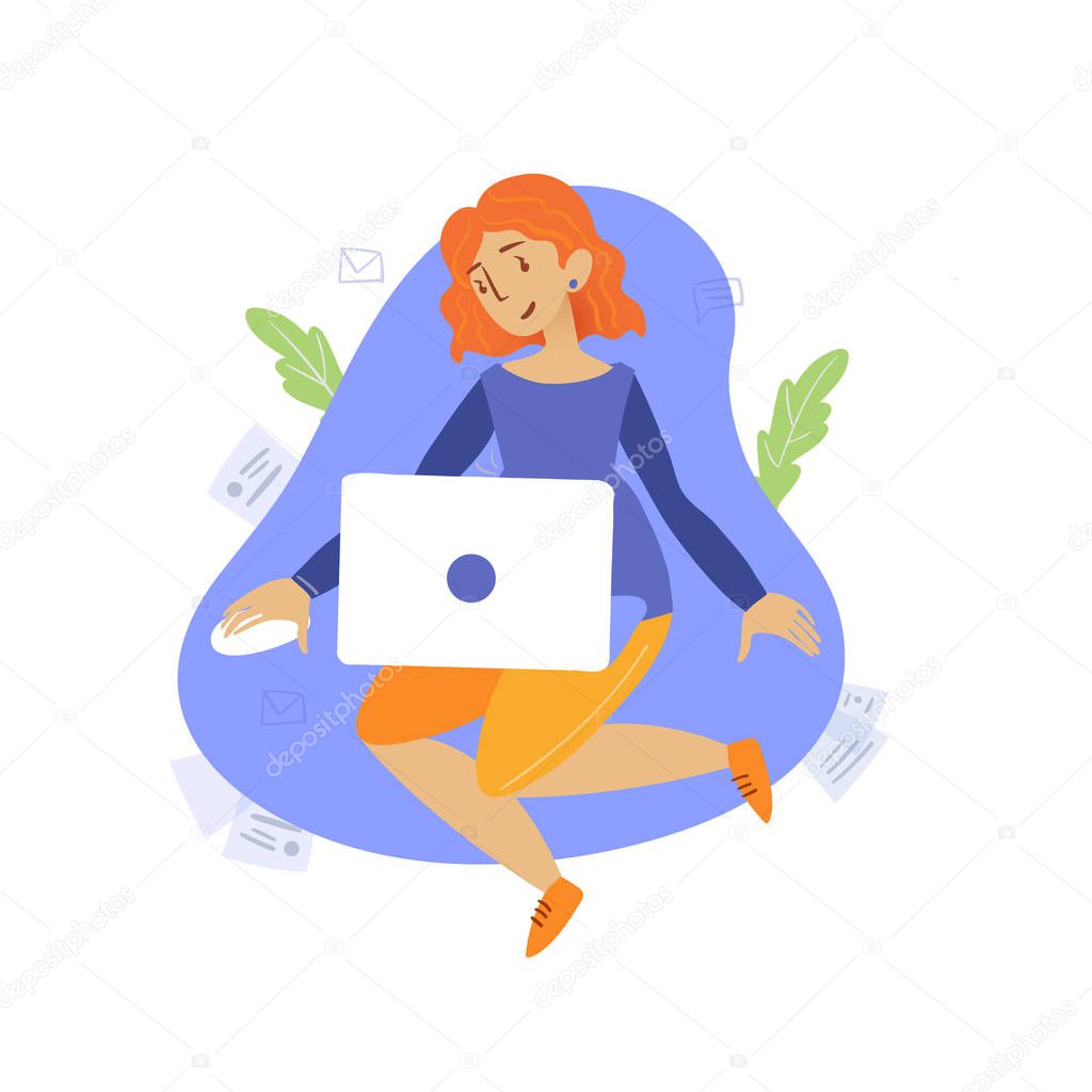 girl sitting with laptop working at home flat style illustration