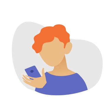 Bir telefon olan kızıl saçlı adam portresi. Akıllı telefon ve Internet bağımlılığı. Sosyal ağlar. Vektör düz çizim