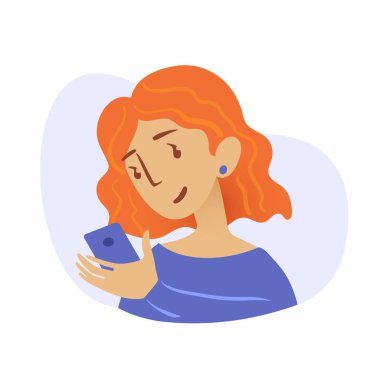 Bir telefon olan kızıl saçlı kadın portresi. Akıllı telefon ve Internet bağımlılığı. Sosyal ağlar. Vektör düz çizim