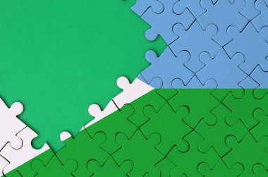 Cibuti bayrağı tamamlanmış bir jigsaw bulmaca ücretsiz yeşil kopya alanı sol tarafında ile tasvir edilir.