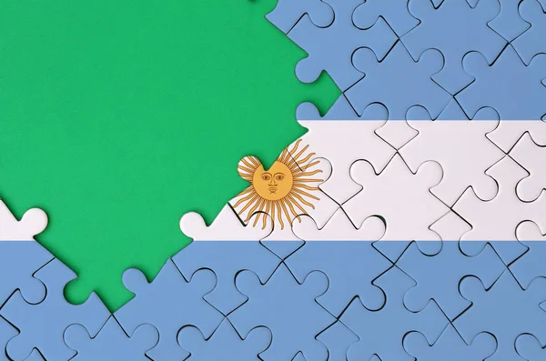 Argentina Flag Depicted Completed Jigsaw Puzzle Free Green Copy Space — Stock Photo, Image