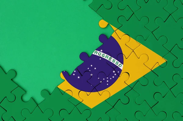 Brazil Flag Depicted Completed Jigsaw Puzzle Free Green Copy Space — Stock Photo, Image