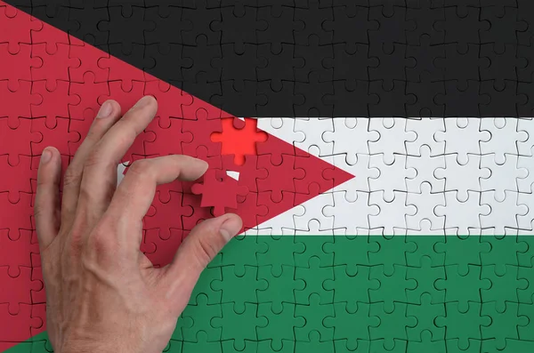 Bandera Jordania Representa Rompecabezas Que Mano Del Hombre Completa Para —  Fotos de Stock