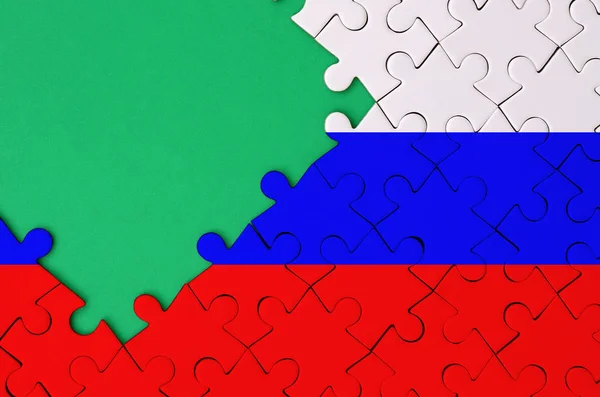 Russia Flag Depicted Completed Jigsaw Puzzle Free Green Copy Space — Stock Photo, Image