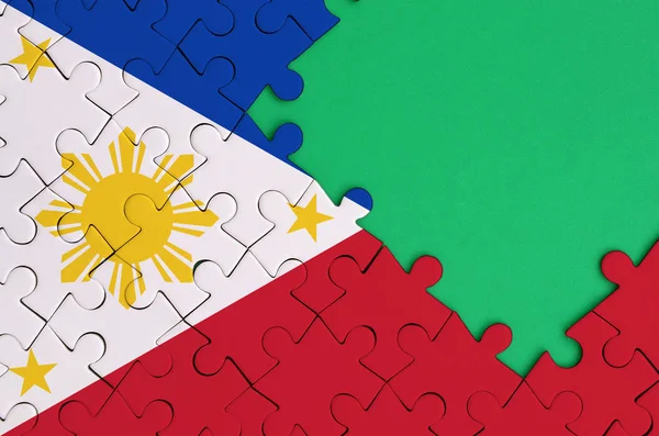 Philippines Flag Depicted Completed Jigsaw Puzzle Free Green Copy Space — Stock Photo, Image