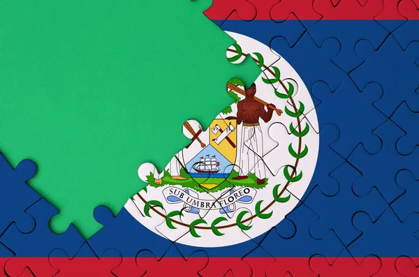 Belize Flagge Ist Auf Einem Abgeschlossenen Puzzle Mit Freiem Grünen — Stockfoto