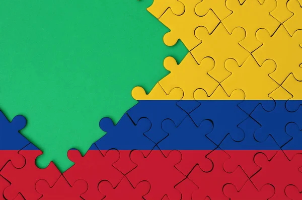 Colombia Flag Depicted Completed Jigsaw Puzzle Free Green Copy Space — Stock Photo, Image