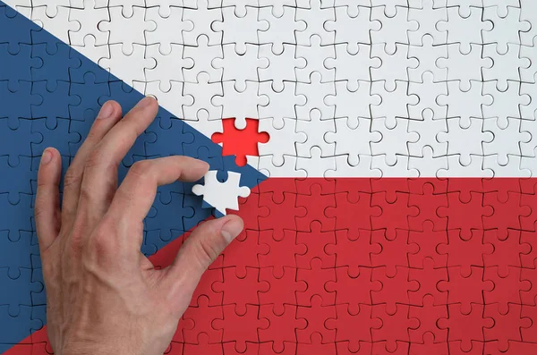 Czech Flag Depicted Puzzle Which Man Hand Completes Fold — Stock Photo, Image