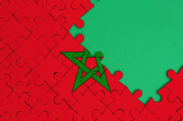 Morocco Flag Depicted Completed Jigsaw Puzzle Free Green Copy Space — Stock Photo, Image