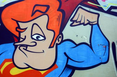 Sokak sanatı. Beyaz ve krom sesleri ve çizgi film karakteri tam tamamlanan grafiti resimde arka plan görüntü.