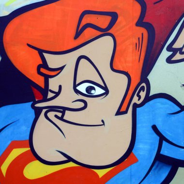 Sokak sanatı. Beyaz ve krom sesleri ve çizgi film karakteri tam tamamlanan grafiti resimde arka plan görüntü.