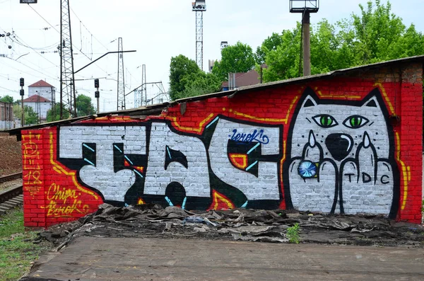 Gatukonst Abstrakt Bakgrundsbild Full Avslutade Graffitimålning Krom Med Katt Seriefigur — Stockfoto