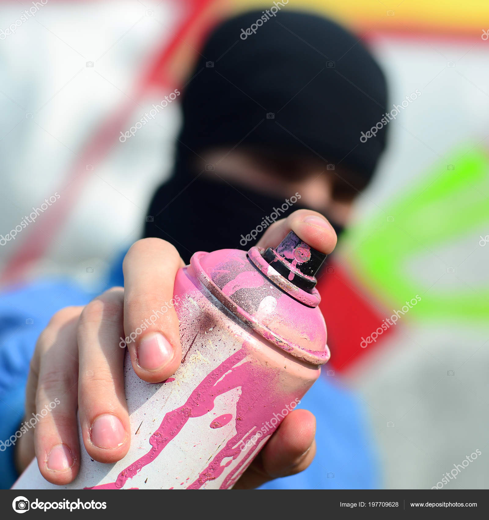 Young Graffiti Artist Blue Jacket Black Mask Holding Can Paint Stock Photo Image By C Mehaniq