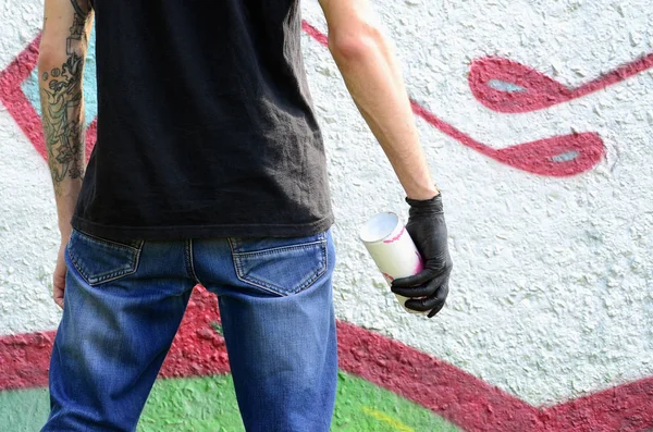 Young Hooligan Spray Can Stands Concrete Wall Graffiti Paintings Illegal — Stock Photo, Image