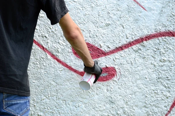 Young Hooligan Paints Graffiti Concrete Wall Illegal Vandalism Concept Street — Stock Photo, Image