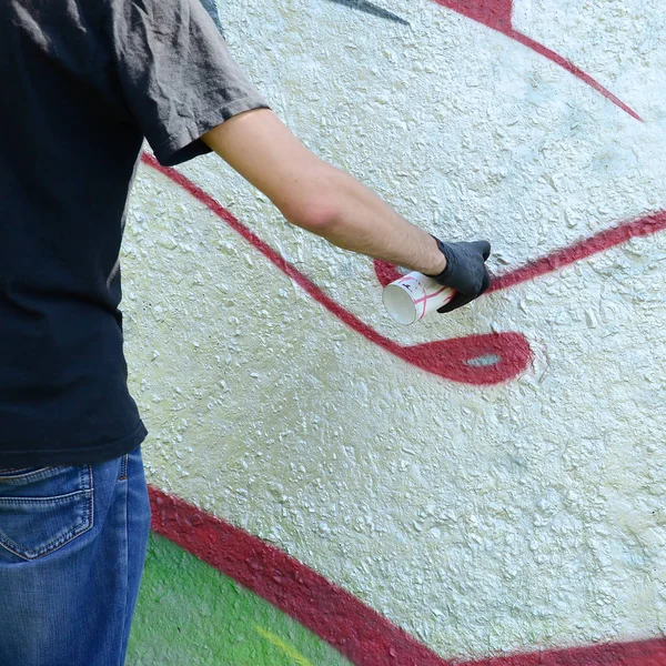 Young Hooligan Paints Graffiti Concrete Wall Illegal Vandalism Concept Street — Stock Photo, Image