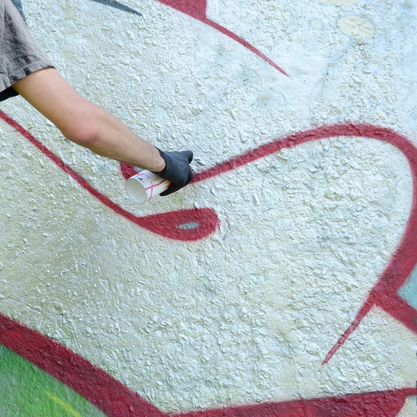 Hand Black Gloves Paints Graffiti Concrete Wall Illegal Vandalism Concept — Stock Photo, Image