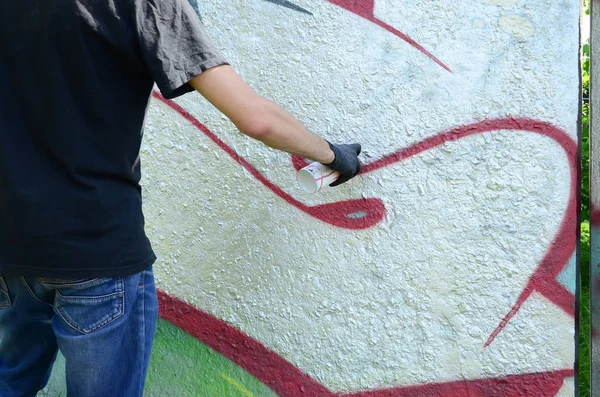 Young Hooligan Paints Graffiti Concrete Wall Illegal Vandalism Concept Street — Stock Photo, Image