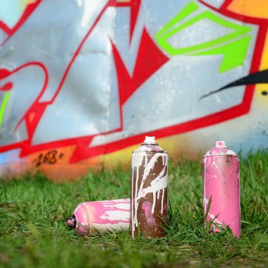 Birkaç kullanılan boya yere duvara yakın bir güzel grafiti resimle yalan. Sokak sanatı ve vandalizm kavramı.
