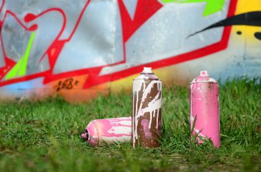 Birkaç kullanılan boya yere duvara yakın bir güzel grafiti resimle yalan. Sokak sanatı ve vandalizm kavramı.