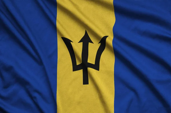 Flaga Barbados Jest Przedstawiony Materiał Tkaniny Sportowe Dużo Chętnych Transparent — Zdjęcie stockowe