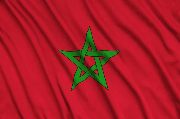 Flaga Maroka Jest Przedstawiony Materiał Tkaniny Sportowe Dużo Chętnych Transparent — Zdjęcie stockowe