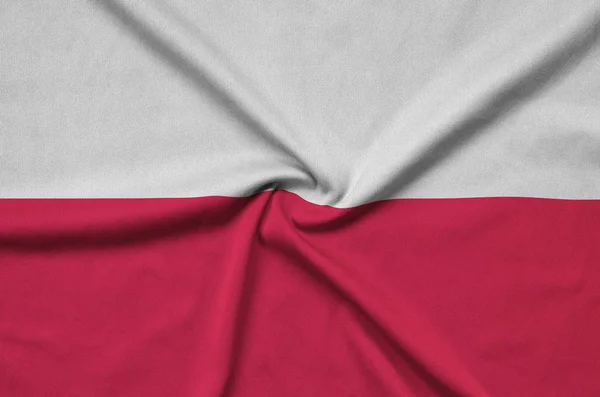 Polska Flaga Jest Przedstawiony Materiał Tkaniny Sportowe Dużo Chętnych Transparent — Zdjęcie stockowe