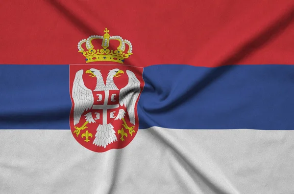 Drapeau Serbie Est Représenté Sur Tissu Tissu Sport Avec Nombreux — Photo