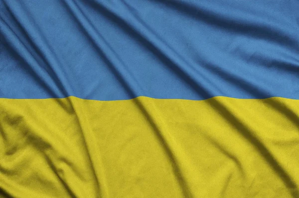 Drapeau Ukraine Est Représenté Sur Tissu Tissu Sport Avec Nombreux — Photo