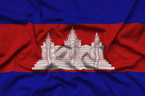 Drapeau Cambodge Est Représenté Sur Tissu Tissu Sport Avec Nombreux — Photo