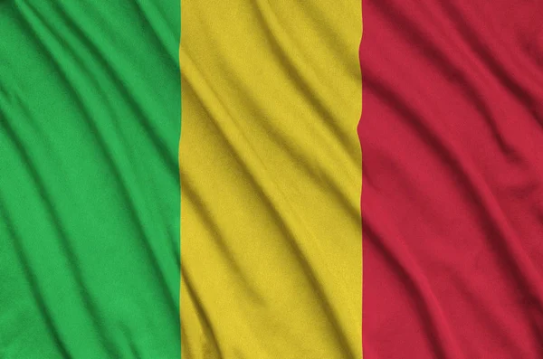 Flaga Mali Jest Przedstawiony Materiał Tkaniny Sportowe Dużo Chętnych Transparent — Zdjęcie stockowe