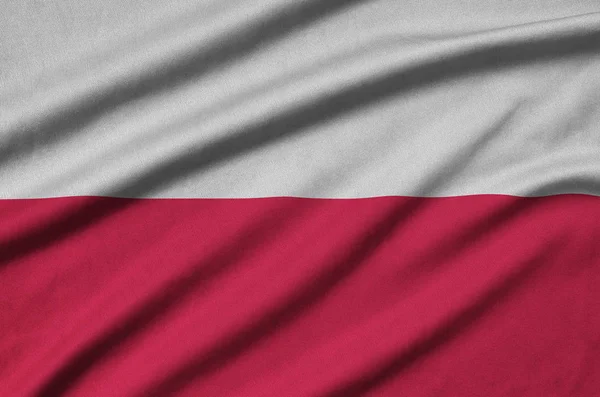 Polska Flaga Jest Przedstawiony Materiał Tkaniny Sportowe Dużo Chętnych Transparent — Zdjęcie stockowe