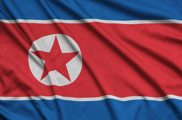 Bandera Corea Del Norte Representa Tejido Tela Deportiva Con Muchos — Foto de Stock