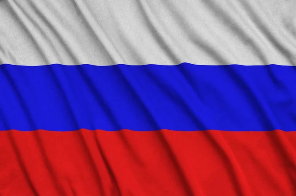 러시아 깃발은 스포츠 직물에 그려져 있습니다 스포츠 배너를 흔들며 — 스톡 사진