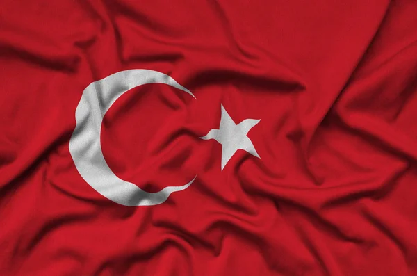 Flaga Turcja Jest Przedstawiony Materiał Tkaniny Sportowe Dużo Chętnych Transparent — Zdjęcie stockowe