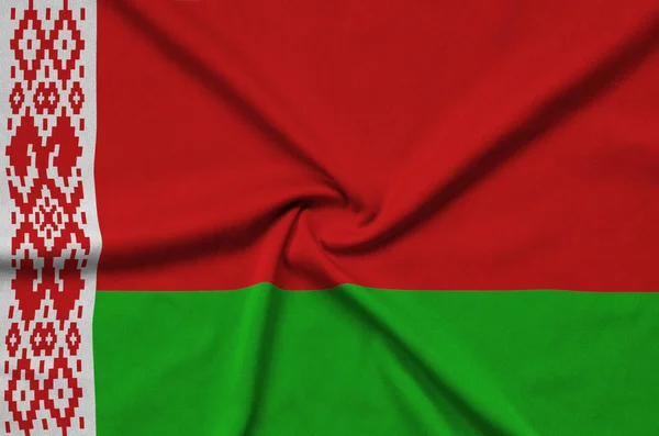 Drapeau Biélorussie Est Représenté Sur Tissu Tissu Sport Avec Nombreux — Photo