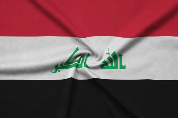 Flaga Iraku Jest Przedstawiony Materiał Tkaniny Sportowe Dużo Chętnych Transparent — Zdjęcie stockowe