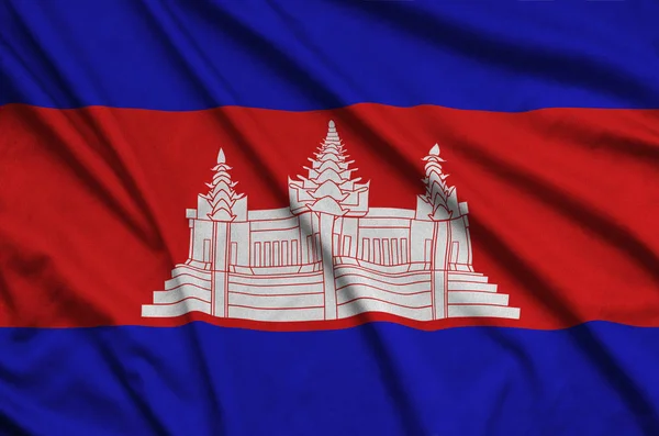 Drapeau Cambodge Est Représenté Sur Tissu Tissu Sport Avec Nombreux — Photo