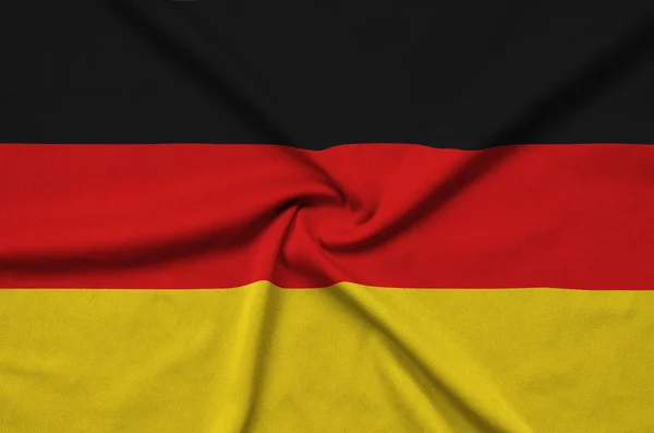 Flaga Niemiec Jest Przedstawiony Materiał Tkaniny Sportowe Dużo Chętnych Transparent — Zdjęcie stockowe