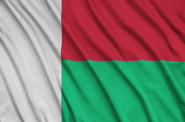 Drapeau Madagascar Est Représenté Sur Tissu Tissu Sport Avec Nombreux — Photo