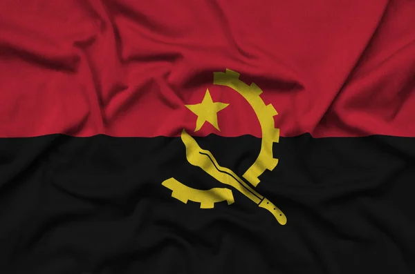 Flaga Angoli Jest Przedstawiony Materiał Tkaniny Sportowe Dużo Chętnych Transparent — Zdjęcie stockowe