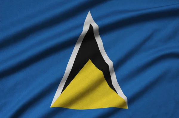 Flaga Saint Lucia Jest Przedstawiony Materiał Tkaniny Sportowe Dużo Chętnych — Zdjęcie stockowe
