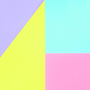 Doku arka planını moda pastel renkler. Pembe, mor, sarı ve mavi geometrik desen kağıtları. en az soyut.
