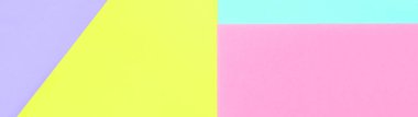 Doku arka planını moda pastel renkler. Pembe, mor, sarı ve mavi geometrik desen kağıtları. en az soyut.