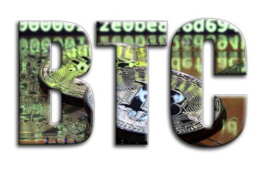 BTC. Bir doku bir grafik hızlandırıcı ekran kartı üzerinde birkaç bitcoins tasvir fotoğrafçılığın yazıt vardır.
