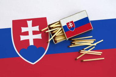 Slovakya bayrağı bir kibrit kutusu içinden birkaç sonbahar eşleşir ve büyük bir bayrak üzerinde yatıyor açık gösterilir.