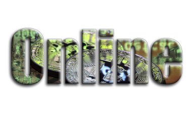 Online. Bir doku bir grafik hızlandırıcı ekran kartı üzerinde birkaç bitcoins tasvir fotoğrafçılığın yazıt vardır.