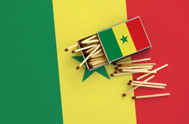 Senegal bayrak bir kibrit kutusu içinden birkaç sonbahar eşleşir ve büyük bir bayrak üzerinde yatıyor açık gösterilir.